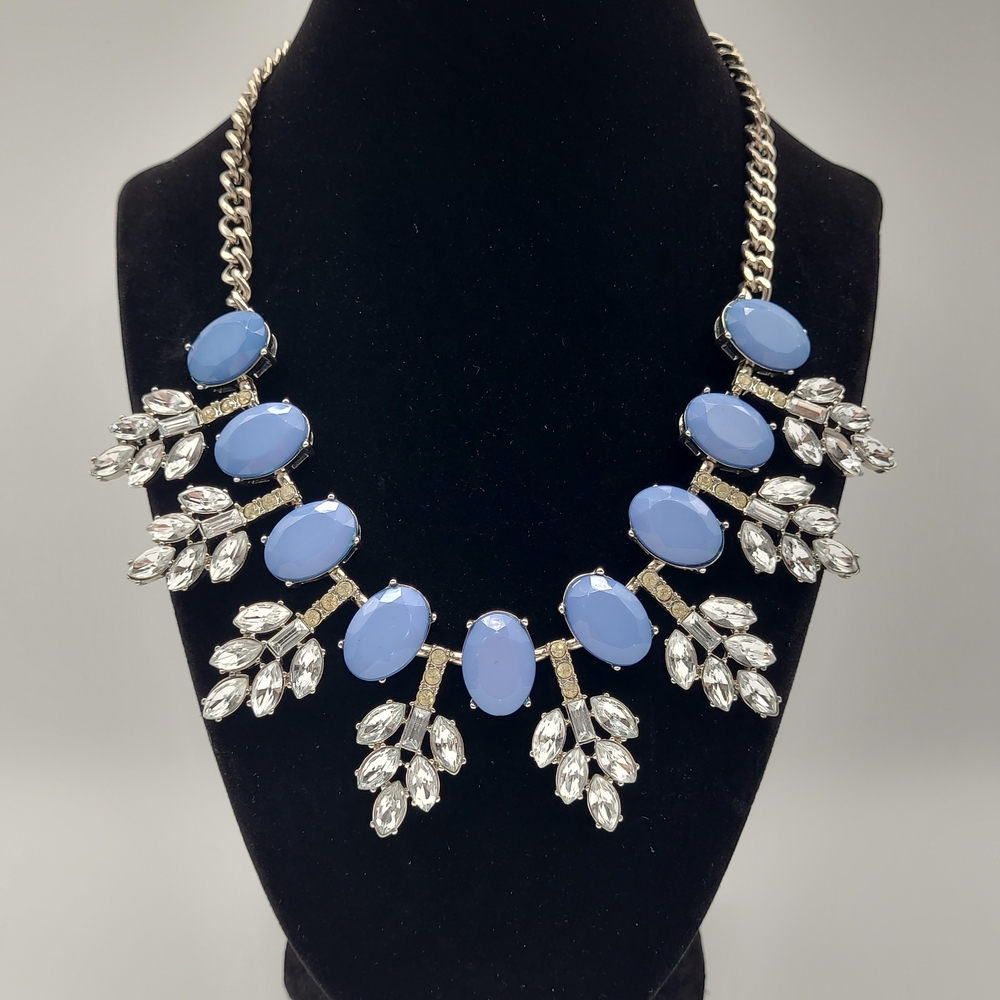 Blue Rhinestone Statement Necklace Gold Tone Bib Necklace Adjustable